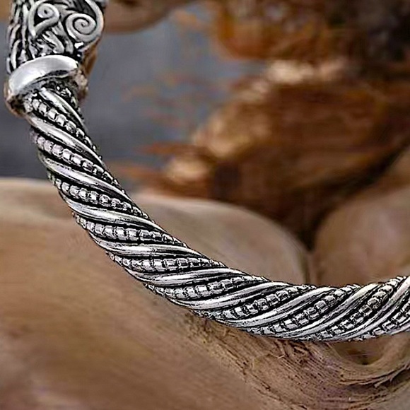 Silver Viking Wolf Head Twisted Norse Arm Band Cuff Bangle Bracelet Men Women - Picture 4 of 6